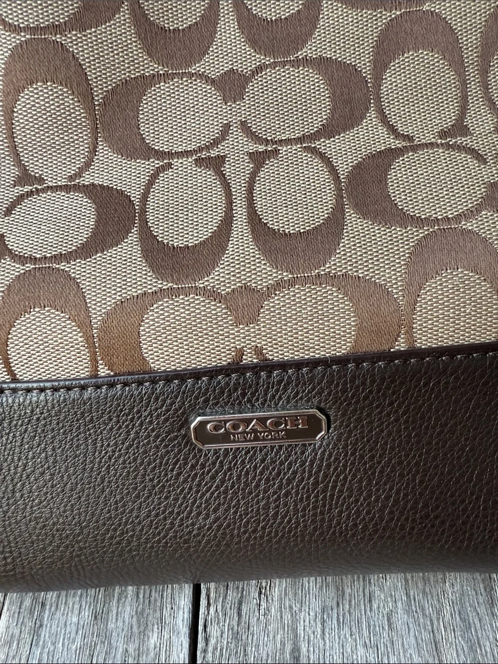 Coach Park Signature Carrie Tote 👜 w/Monogram canvas & dark brown leather trim